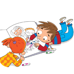Cartoon of a boy and girl coloring My HTC and Me.