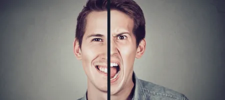 Split image of young man looking happy and disturbed